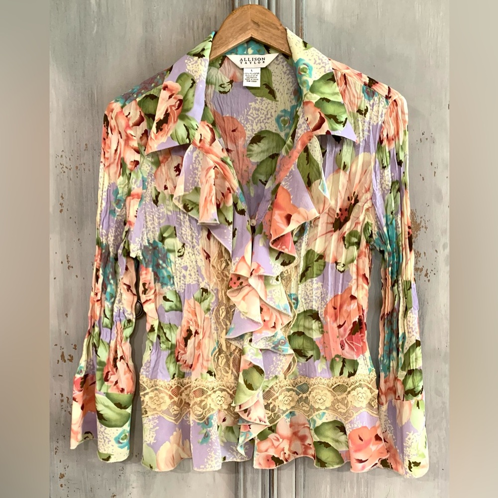 Allison Taylor Floral 90’s Y2K Romantic Ruffled Blouse Sz L